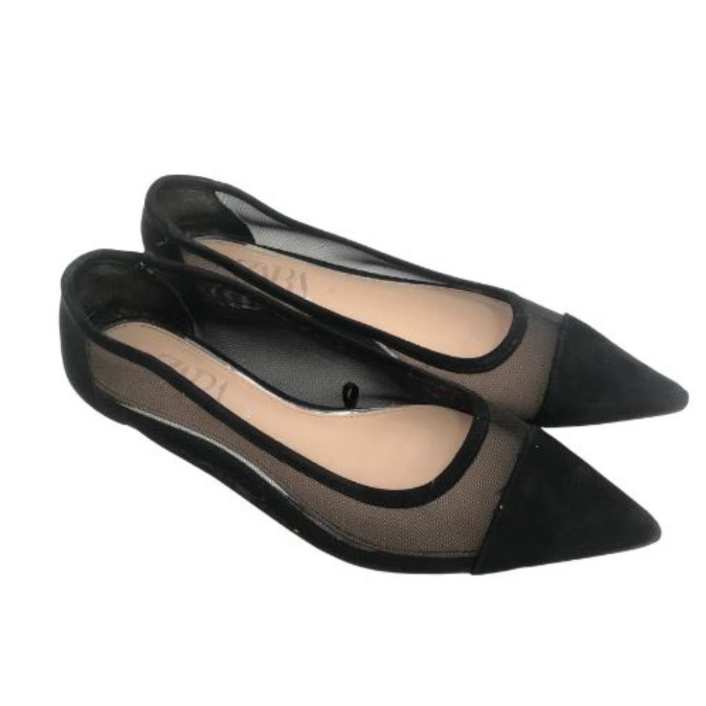 Zara Pointed Toe Faux Suede Mesh Flat Shoes Size 8 Black